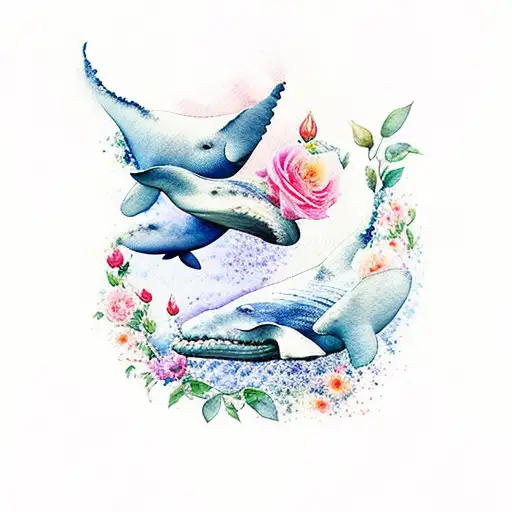 watercolour whales theme with flowers tattoo design idea