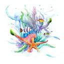 watercolour marine life theme with flowers tattoo design idea