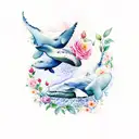 watercolour whales theme with flowers tattoo design idea