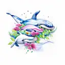 watercolour whales theme with flowers tattoo design idea