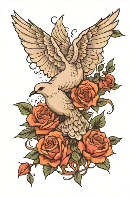 dove perched with roses intertwined tattoo design idea