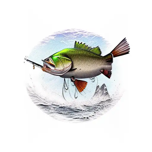 bass fishing and mountains tattoo design idea