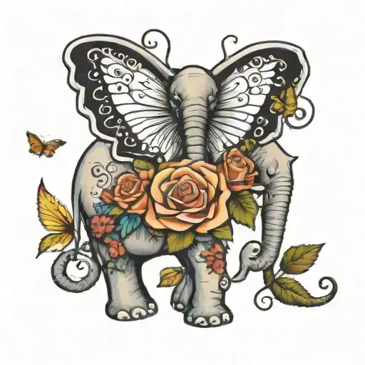 An elephant adorned with roses and butterflies, symbolizing beauty and grace tattoo design idea
