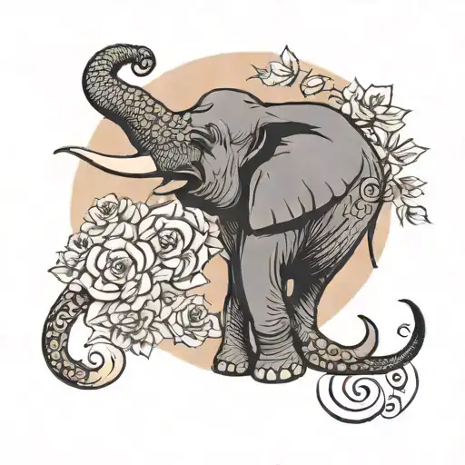 An elephant blowing roses from its trunk. The words "beautiful Girls" in Arabic and a waxing gibbous moon. tattoo design idea