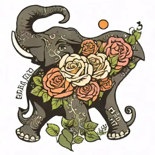 An elephant blowing roses from its trunk. The words "beautiful Girls" in Arabic and a waxing gibbous moon. tattoo design idea
