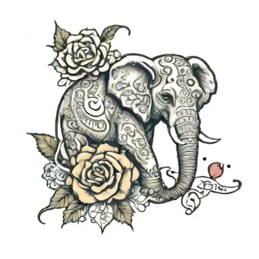 An elephant blowing roses from its trunk. The words "beautiful Girls" in Arabic and a waxing gibbous moon. tattoo design idea