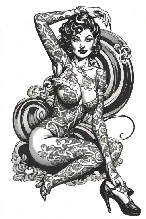 Classic pin-up women full body nude tattoo design idea