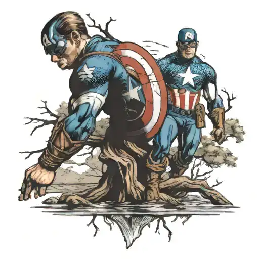 captain america standing astride a river with an old oak tree in the background tattoo design idea