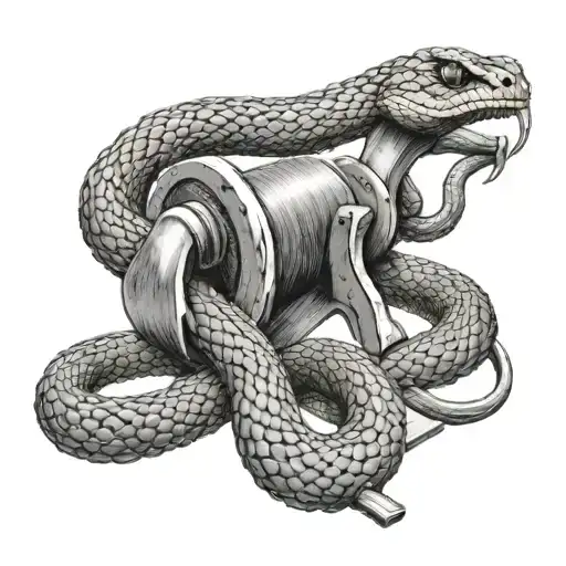 A realistic depiction of a snake coiled around a hammer and saw, representing the union of nature and woodworking tattoo design idea