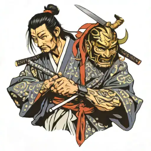 miyamoto musashi with a samurai mask with katana and pray hand tattoo design idea