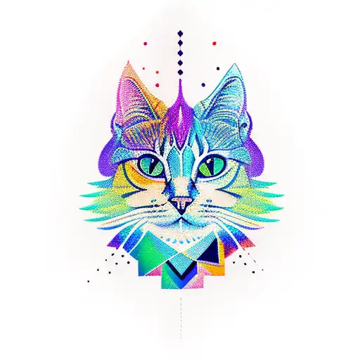 A new-school style tattoo of a cat with vibrant colors and geometric patterns tattoo design idea