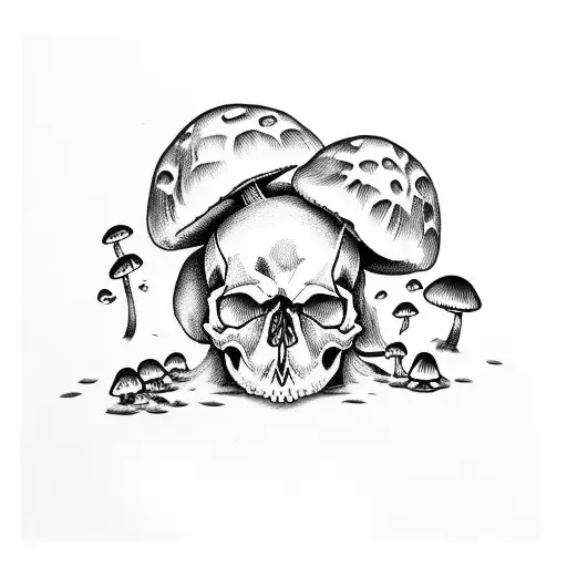 skull with mushrooms coming out of it and frog on top tattoo design idea