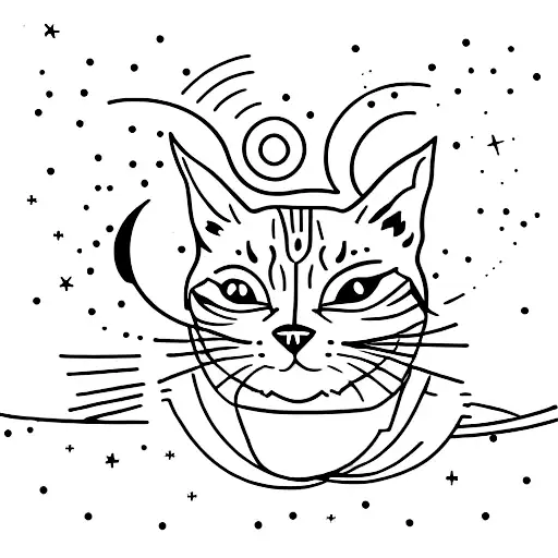 A minimalist tattoo of a cat sitting on a crescent moon, surrounded by stars tattoo design idea