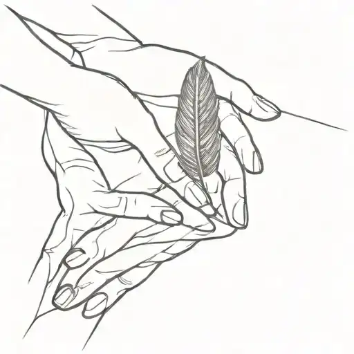 A minimalist tattoo design of a massage therapist's hands cradling a cardinal feather, symbolizing your occupation and love for nature tattoo design idea
