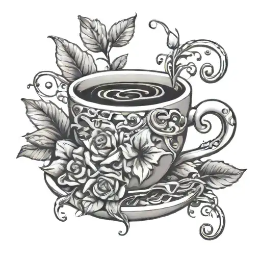 A coffee cup intertwined with vines and flowers, representing the client's occupation as a barista and love for nature tattoo design idea