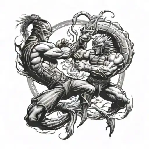 Design a black-grey sleeve tattoo featuring the Mortal Kombat characters battling each other in a dramatic scene, with the Pisces symbol as the central focus tattoo design idea