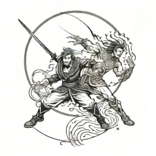 A tattoo showcasing Raiden and Shang Tsung locked in a magical combat, depicted in a mix of blackwork and dotwork for a visually striking effect tattoo design idea