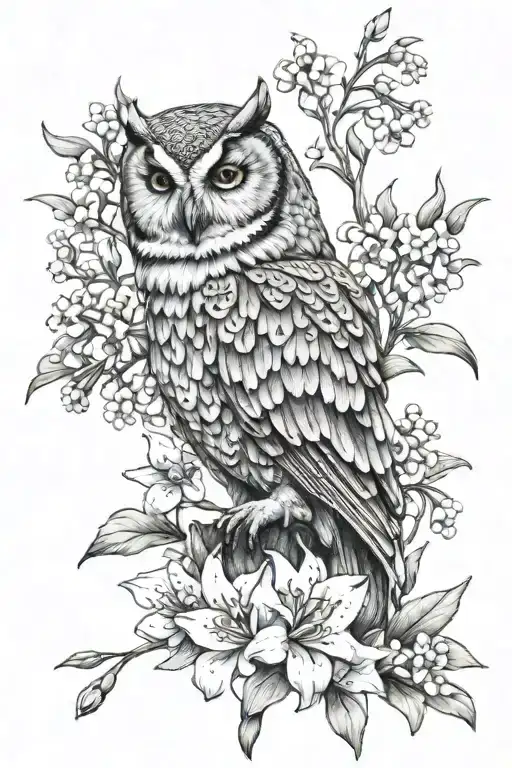 owl with lavender and lily of the valley flowers intertwined tattoo design idea