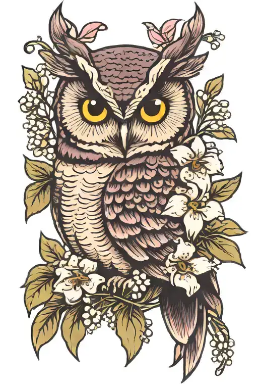 owl with lavender and lily of the valley flowers intertwined tattoo design idea