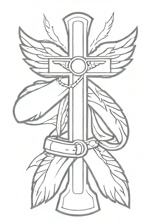 cross in front of angel wings with boxing gloves hanging from cross tattoo design idea