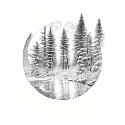 woolf, forest, river, moon tattoo design idea