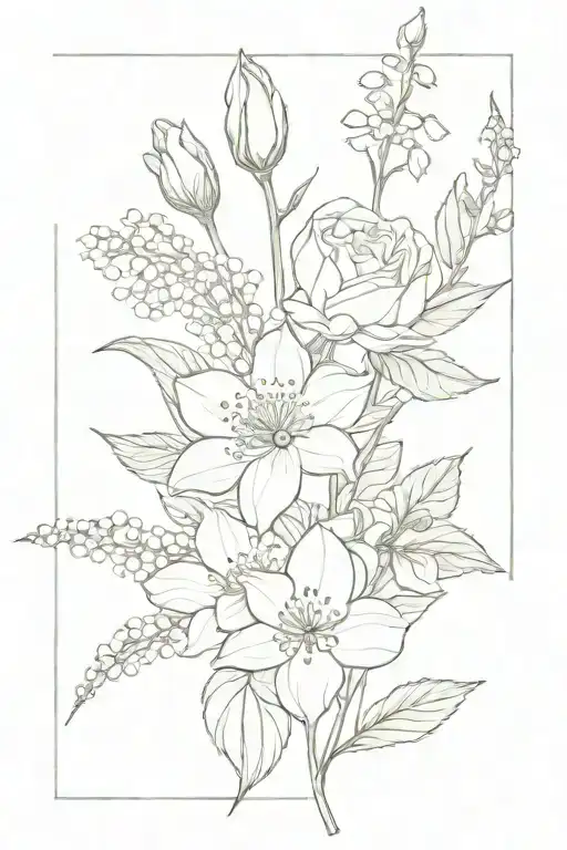 bouquet rose chrisanthemum daffodil hawthorn lily of the valley honeysuckle tattoo design idea