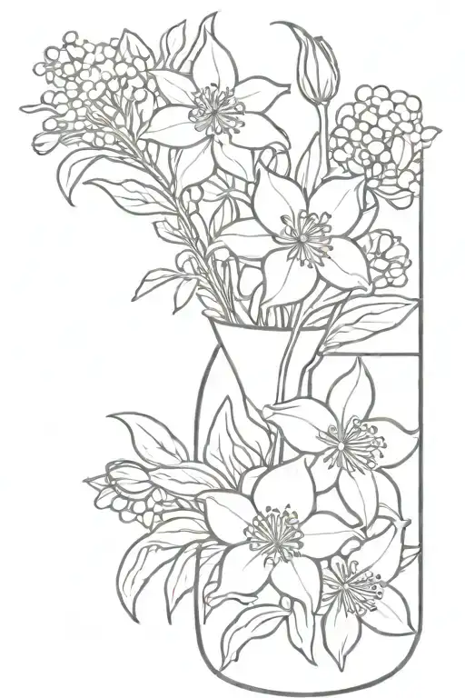 bouquet of flowers in a vase with daffodil, chrysanthemum, rose, lily of the valley, hawthorn, honeysuckle tattoo design idea