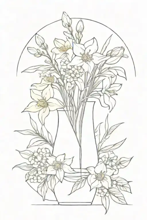 bouquet of flowers in a vase with daffodil, chrysanthemum, rose, lily of the valley, hawthorn, honeysuckle tattoo design idea