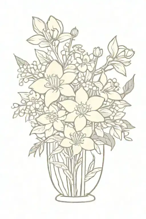bouquet of flowers in a vase with daffodil, chrysanthemum, rose, lily of the valley, hawthorn, honeysuckle tattoo design idea