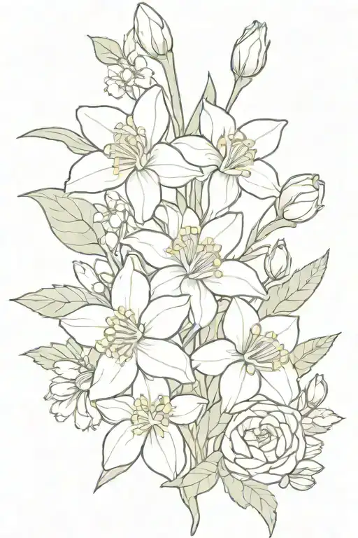 bouquet of flowers with daffodil, chrysanthemum, rose, lily of the valley, hawthorn, honeysuckle tattoo design idea