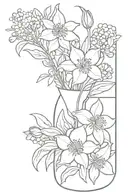 bouquet of flowers in a vase with daffodil, chrysanthemum, rose, lily of the valley, hawthorn, honeysuckle tattoo design idea
