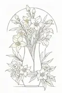 bouquet of flowers in a vase with daffodil, chrysanthemum, rose, lily of the valley, hawthorn, honeysuckle tattoo design idea