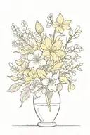 bouquet of flowers in a vase with daffodil, chrysanthemum, rose, lily of the valley, hawthorn, honeysuckle tattoo design idea
