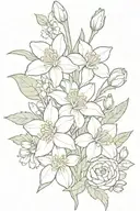 bouquet of flowers with daffodil, chrysanthemum, rose, lily of the valley, hawthorn, honeysuckle tattoo design idea
