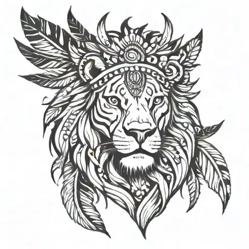 lion with Indian feathers tattoo design idea