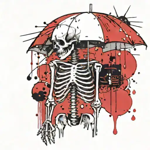 A skeleton holding an umbrella with rain drops underneath the umbrella tattoo design idea