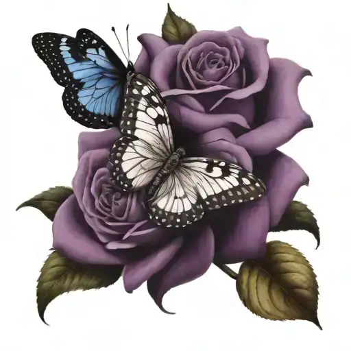 3 purple rose, 1 butterfly resting tattoo design idea