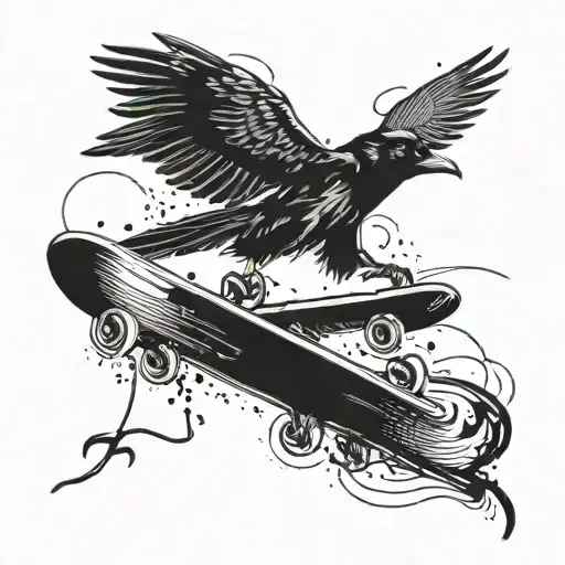 A crow flying over a skate park filled with fox skaters tattoo design idea