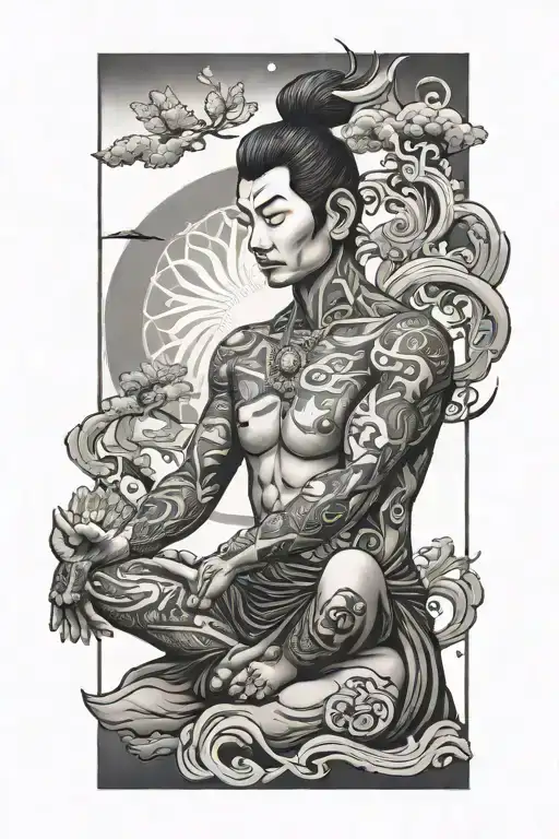 Japanese tattoo arm skinny person meditating tattoo design idea