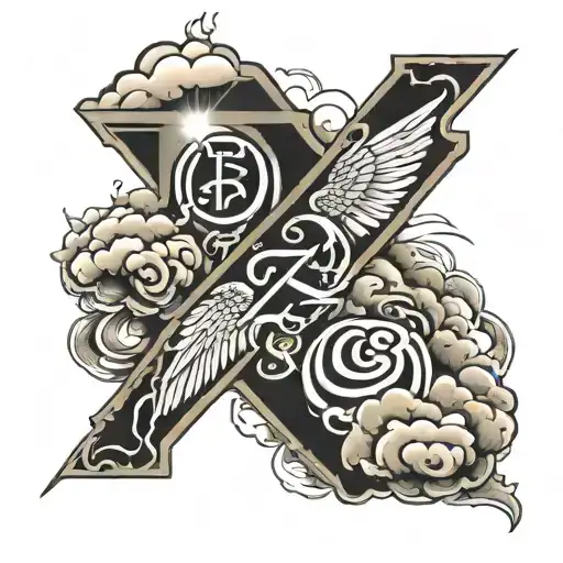 number 2 and zero on left cross on the midle with sun light and number zero and 7 on the left with clouds around  tattoo design idea