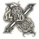 number 2 and zero on left cross on the midle with sun light and number zero and 7 on the left with clouds around  tattoo design idea