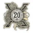 number 2 and zero on left cross on the midle with sun light and number zero and 7 on the left with clouds around  tattoo design idea