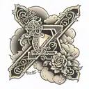 number 2 and zero on left cross on the midle with sun light and number zero and 7 on the left with clouds around  tattoo design idea