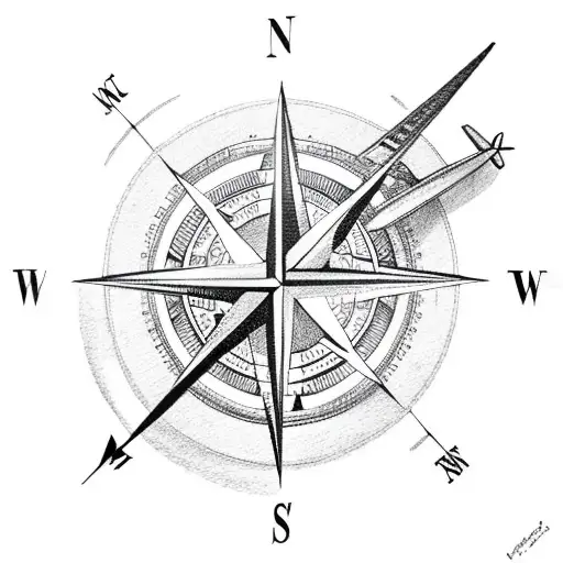 compass with airplane  tattoo design idea