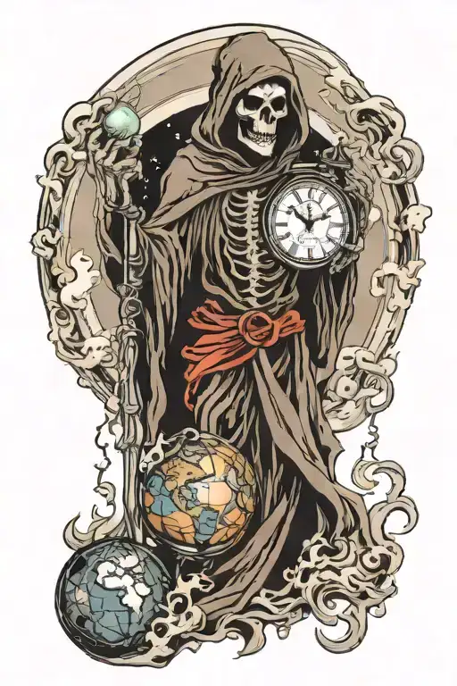 grim reaper holding earth globe and a pocket watch, standing above people, smoke, marijuana  tattoo design idea