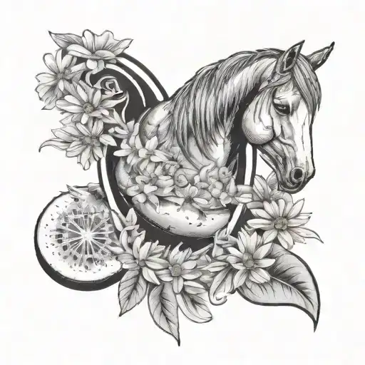 horse shoe and watermelon slice covered in daisies, Horseshoe frame tattoo design idea
