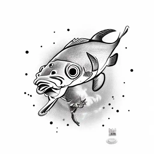 A carp holding an Uzi, cigar in his teeth, Panama on his head, wearing a Jersey. tattoo design idea