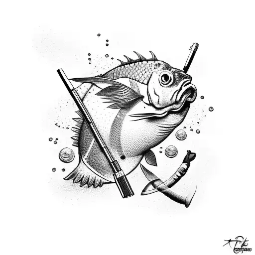 A carp holding an Uzi, a cigar in his teeth. tattoo design idea