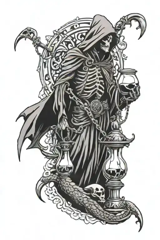 Full length side profile of grim reaper holding hourglass with chains standing on turtles tattoo design idea