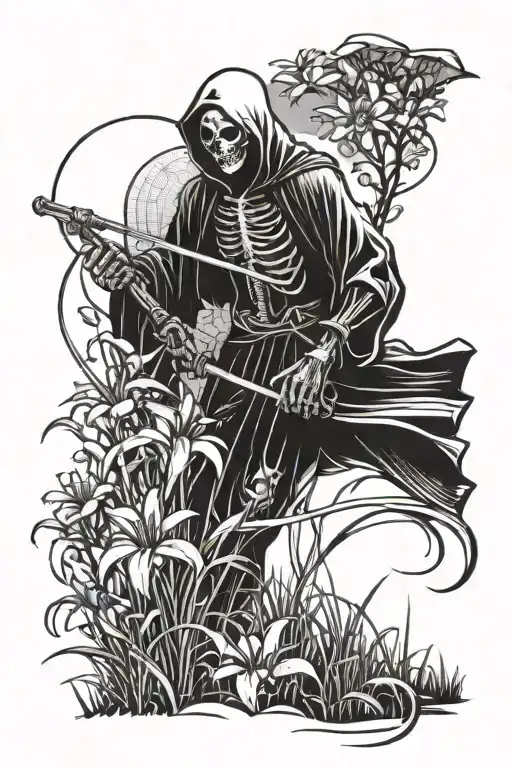 Death with a scythe standing in a field of spider lilies tattoo design idea